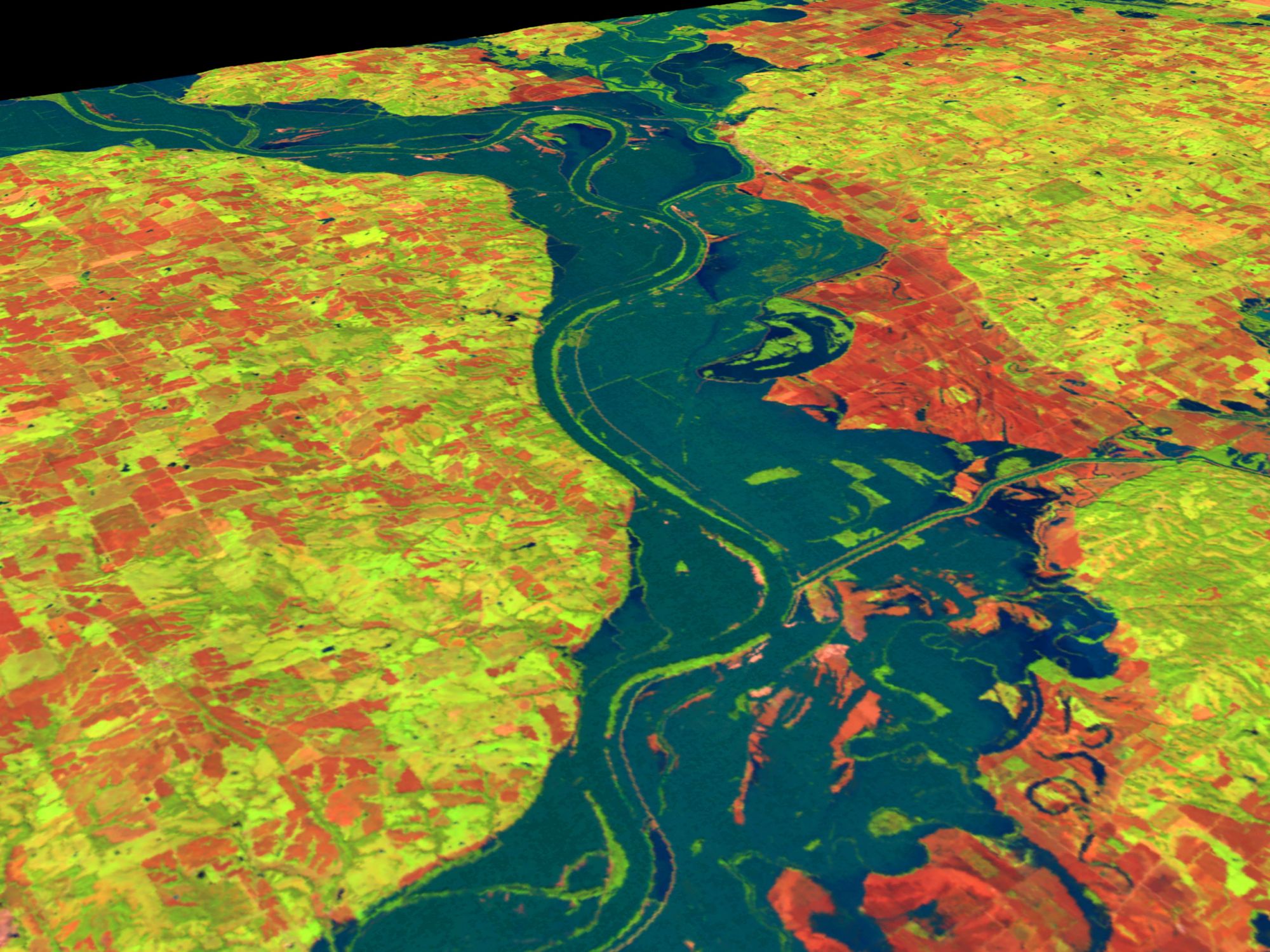 Разлив реки Миссури, США. Трехмерная компьютерная реконструкция по спутниковым данным