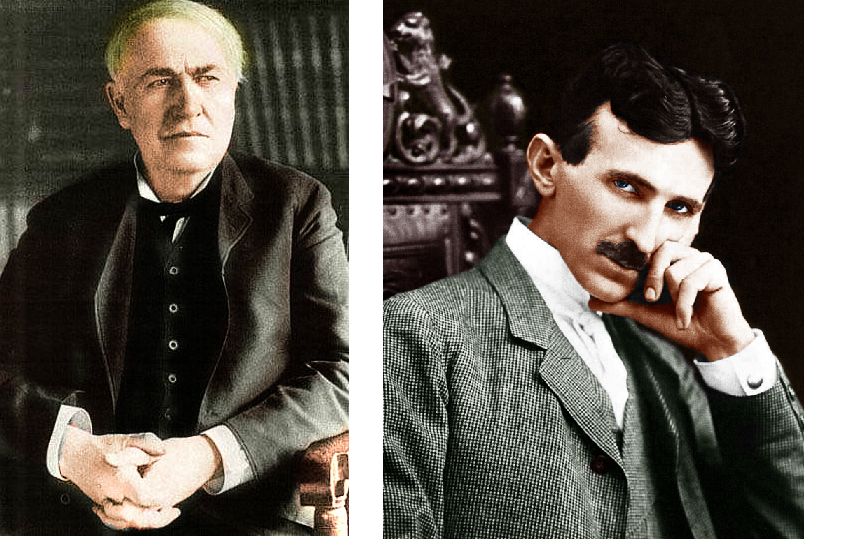 Слева - американский изобретатель, сторонник постоянного тока Томас Эдисон. Справа - американский изобретатель, сторонник переменного тока Никола Тесла